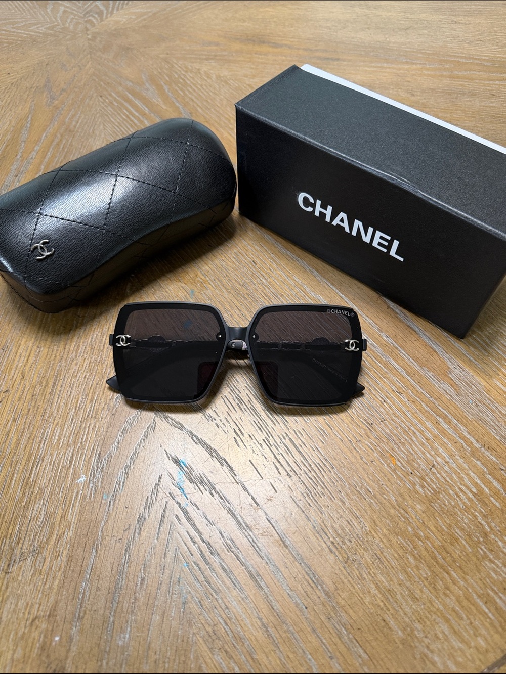 CHANEL Black Square Oversized Sunglasses with Silver CC Temples